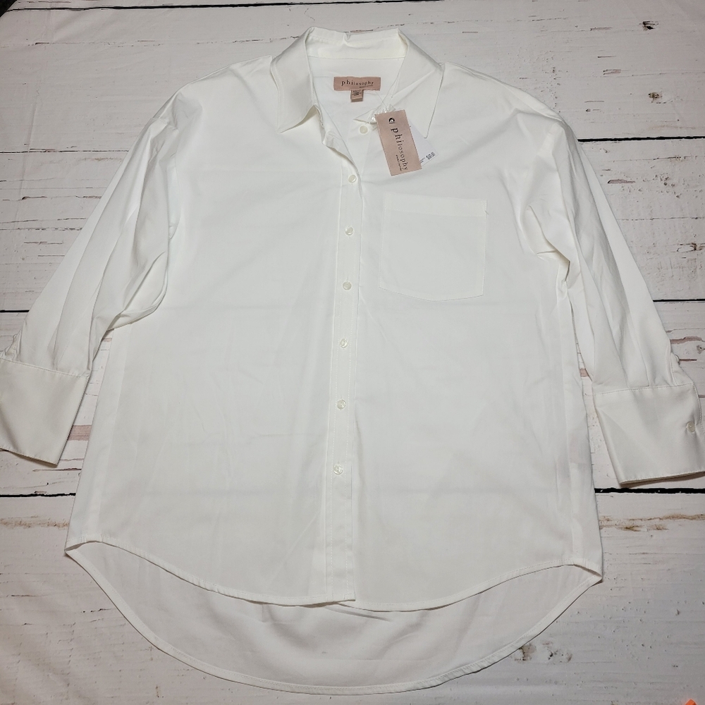 Philosophy White Oversized Button-Down Shirt Hi-Lo Hem Boxy Fit Classic Size XS - Picture 2 of 11